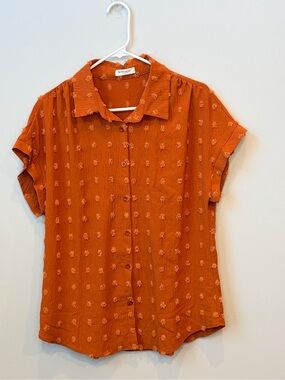 Bothenial Pumpkin Spice Boho Short-Sleeve Front Blouse Swiss Dot Size L